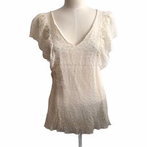 White Silk Cap Ruffle Sleeve Blouse, Sz 8